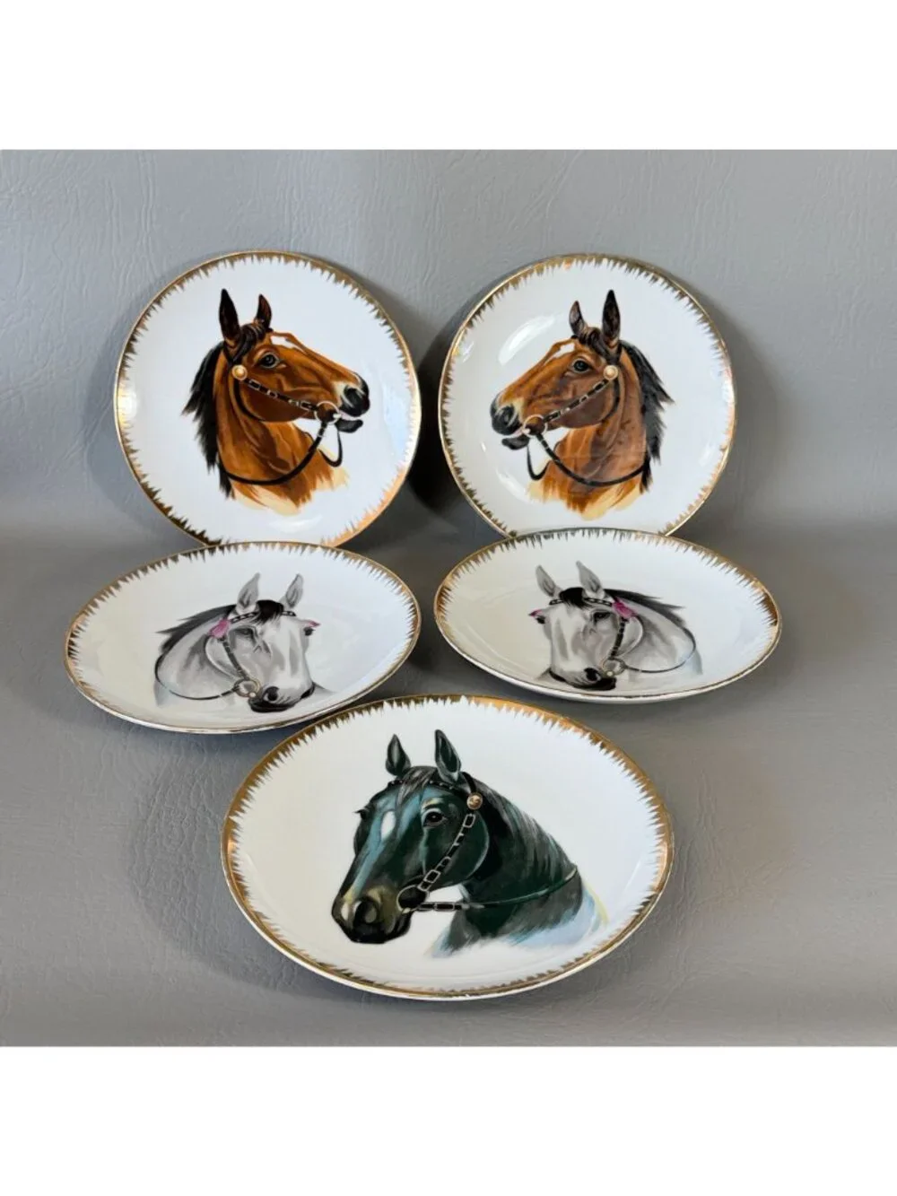 Vintage Horse Portrait Wall Plates Set of 5 Japan Equestrian Display 7.5